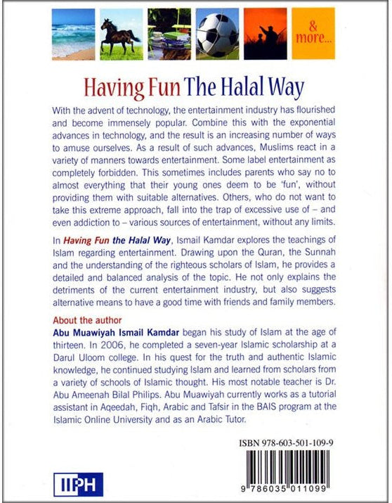 Back cover of a book titled 'Having Fun The Halal Way' with text and a barcode.